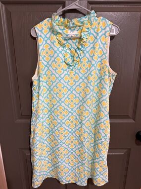crown & ivy Aqua and Yellow Sleeveless Ruffle-Neck Shift Dress